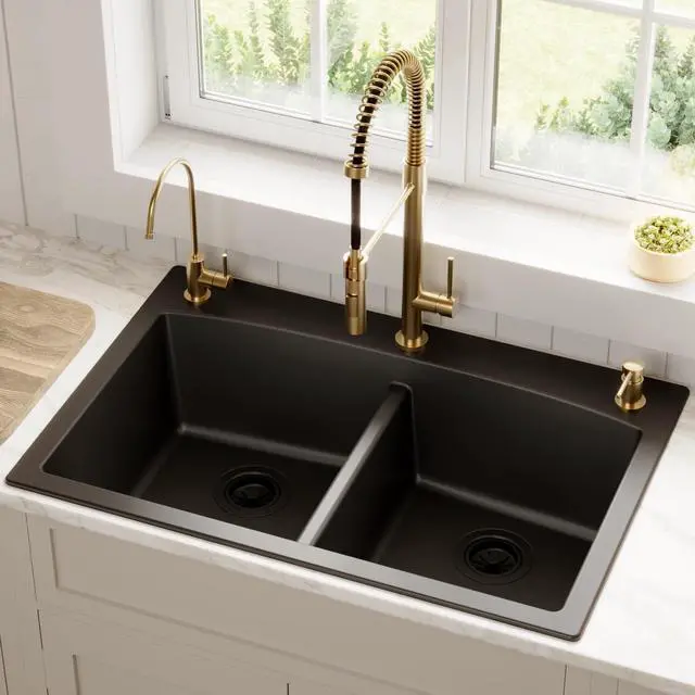 Alt view image 2 of 6 - QT-710 33 Inch Top Mount Double Bowl Kitchen Sink, 50/50 Low Divide Quartz Composite Drop-In Sink, Rear Drain, Heat and Scratch Resistant, Black