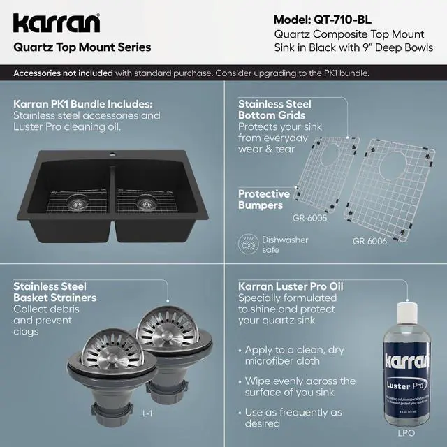 Alt view image 4 of 6 - QT-710 33 Inch Top Mount Double Bowl Kitchen Sink, 50/50 Low Divide Quartz Composite Drop-In Sink, Rear Drain, Heat and Scratch Resistant, Black