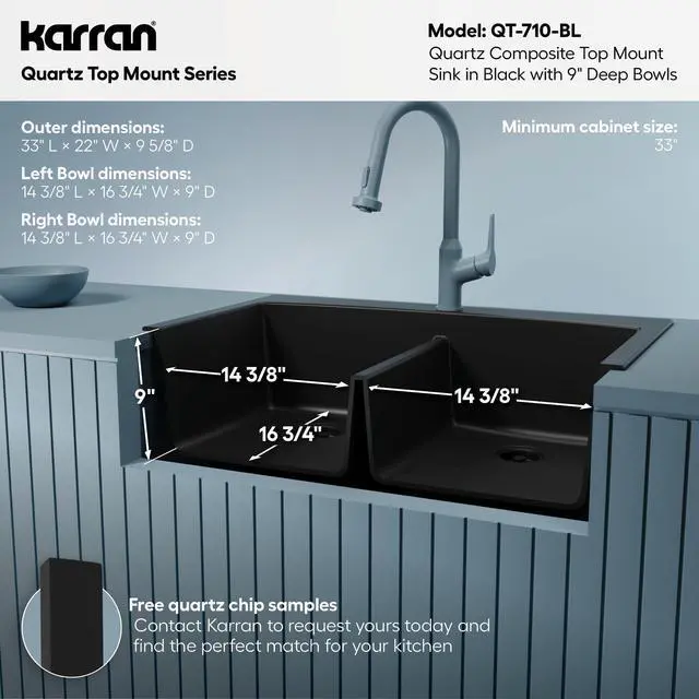 Alt view image 5 of 6 - QT-710 33 Inch Top Mount Double Bowl Kitchen Sink, 50/50 Low Divide Quartz Composite Drop-In Sink, Rear Drain, Heat and Scratch Resistant, Black