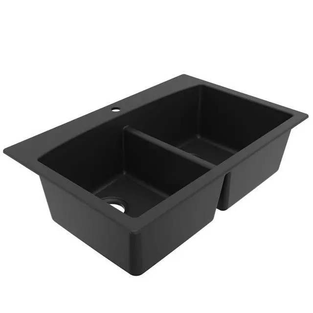 Alt view image 6 of 6 - QT-710 33 Inch Top Mount Double Bowl Kitchen Sink, 50/50 Low Divide Quartz Composite Drop-In Sink, Rear Drain, Heat and Scratch Resistant, Black