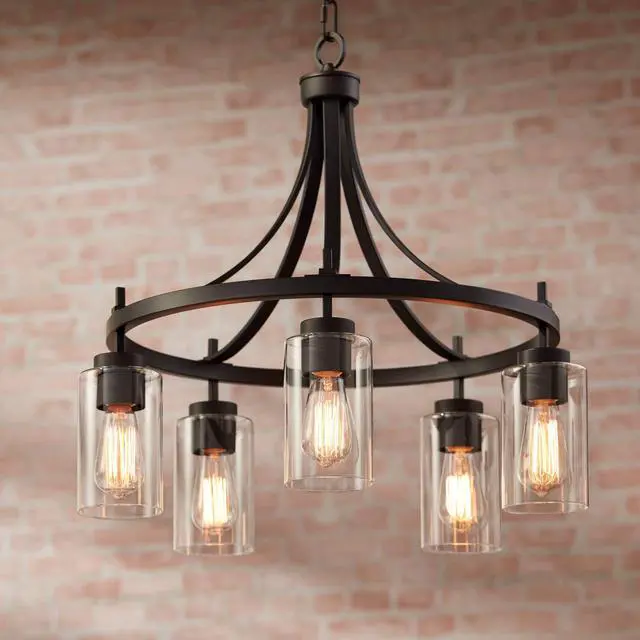 Main image of Caleb Bronze Wagon Wheel Pendant Chandelier 23 3/4" Wide Industrial Clear Glass 5-Light Fixture for Dining Room House Foyer Entryway Kitchen Bedroom Living Room High Ceilings