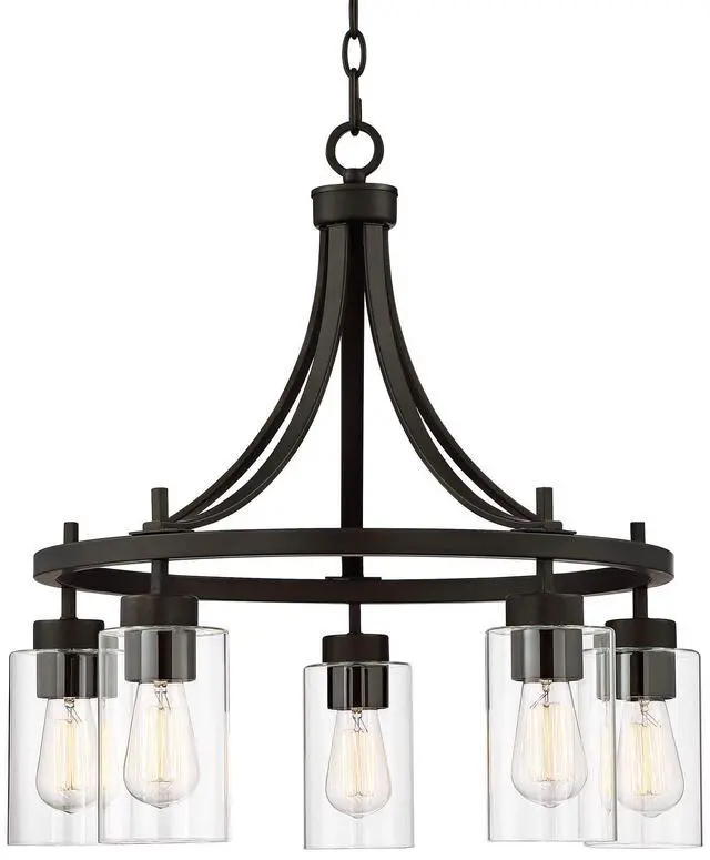 Alt view image 2 of 6 - Caleb Bronze Wagon Wheel Pendant Chandelier 23 3/4" Wide Industrial Clear Glass 5-Light Fixture for Dining Room House Foyer Entryway Kitchen Bedroom Living Room High Ceilings