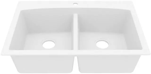Main image of QT-710 33 Inch Top Mount Double Bowl Kitchen Sink, 50/50 Low Divide Quartz Composite Drop-In Sink, Rear Drain, Heat and Scratch Resistant, White