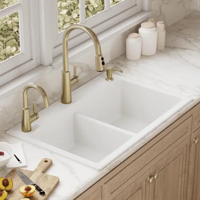 Alt view image 2 of 6 - QT-710 33 Inch Top Mount Double Bowl Kitchen Sink, 50/50 Low Divide Quartz Composite Drop-In Sink, Rear Drain, Heat and Scratch Resistant, White
