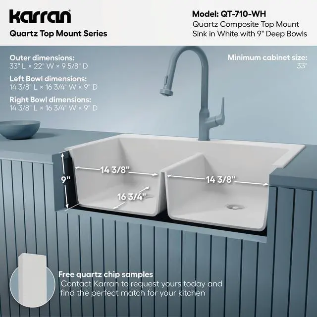 Alt view image 5 of 6 - QT-710 33 Inch Top Mount Double Bowl Kitchen Sink, 50/50 Low Divide Quartz Composite Drop-In Sink, Rear Drain, Heat and Scratch Resistant, White