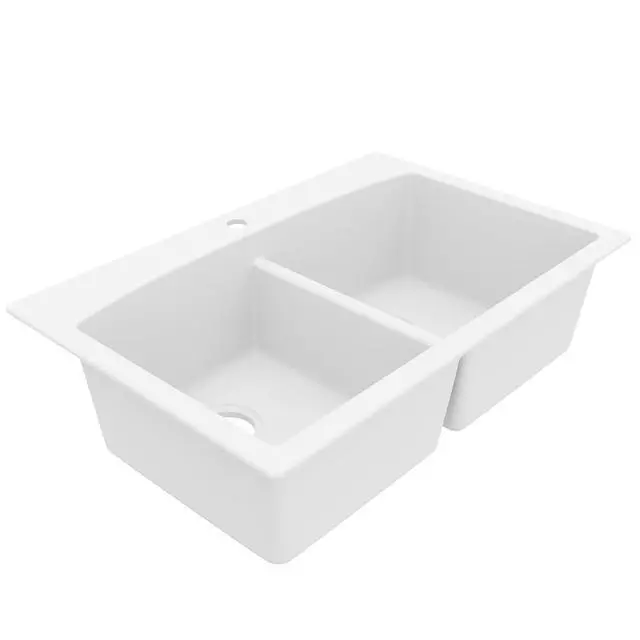 Alt view image 6 of 6 - QT-710 33 Inch Top Mount Double Bowl Kitchen Sink, 50/50 Low Divide Quartz Composite Drop-In Sink, Rear Drain, Heat and Scratch Resistant, White