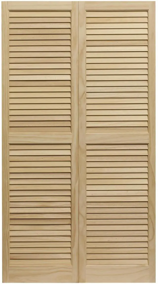 Main image of SHL55 Exterior Solid Wood Louvered Window Shutters, 15" x 55", Unfinished Pine