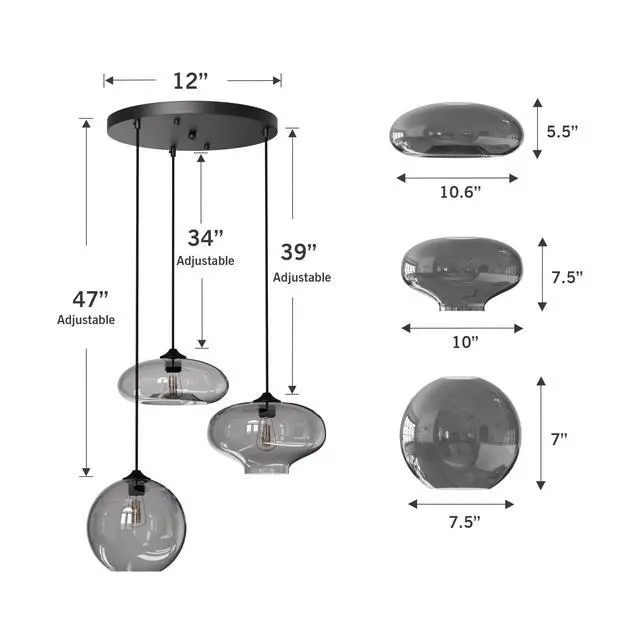Alt view image 3 of 6 - Modern 3 Lights Glass Pendant Light Smoky Gray Glass Globe Cluster Chandelier Lighting Fixtures Black Adjustable Kitchen Island Hanging Pendant Lighting Nordic Multi Lights Pendant Lamp