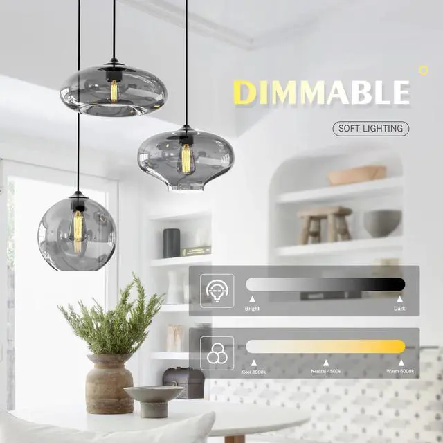 Alt view image 4 of 6 - Modern 3 Lights Glass Pendant Light Smoky Gray Glass Globe Cluster Chandelier Lighting Fixtures Black Adjustable Kitchen Island Hanging Pendant Lighting Nordic Multi Lights Pendant Lamp