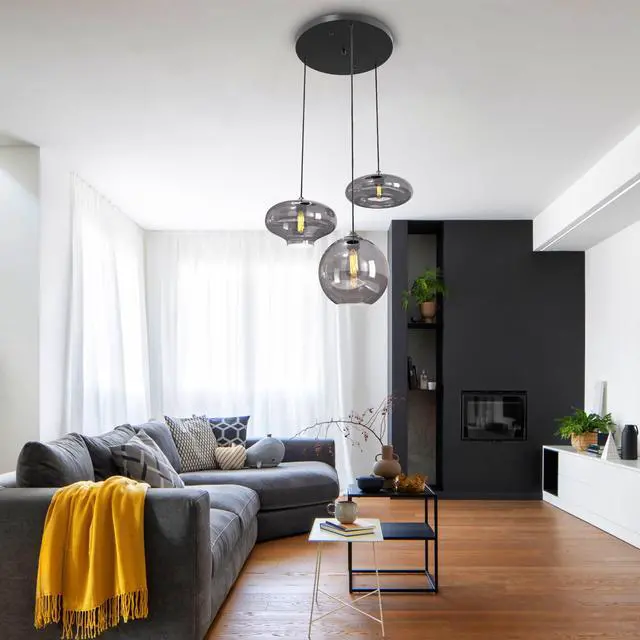 Alt view image 5 of 6 - Modern 3 Lights Glass Pendant Light Smoky Gray Glass Globe Cluster Chandelier Lighting Fixtures Black Adjustable Kitchen Island Hanging Pendant Lighting Nordic Multi Lights Pendant Lamp