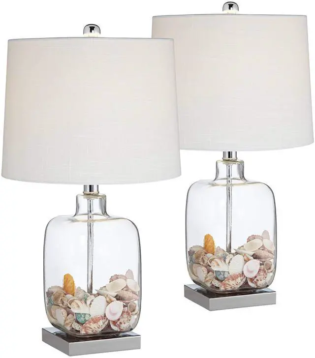 Main image of Coastal Accent Table Lamps 21 3/4" High Set of 2 Brushed Steel Clear Glass Fillable White Drum Shade Decor for Living Room Bedroom House Bedside Nightstand Home Office Family