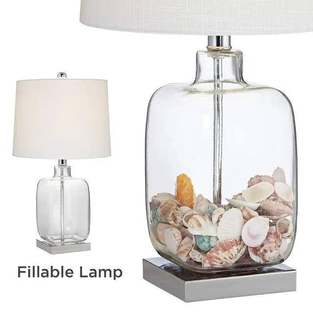 Alt view image 5 of 6 - Coastal Accent Table Lamps 21 3/4" High Set of 2 Brushed Steel Clear Glass Fillable White Drum Shade Decor for Living Room Bedroom House Bedside Nightstand Home Office Family