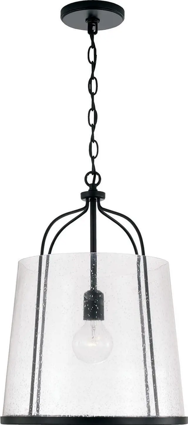 Main image of HomePlace Lighting 347011MB Madison Transitional Clear Seeded Glass Pendant Light Fixture, 1-Light 100 Watt, 19" H x 14" W, Black