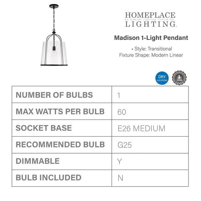 Alt view image 4 of 6 - HomePlace Lighting 347011MB Madison Transitional Clear Seeded Glass Pendant Light Fixture, 1-Light 100 Watt, 19" H x 14" W, Black