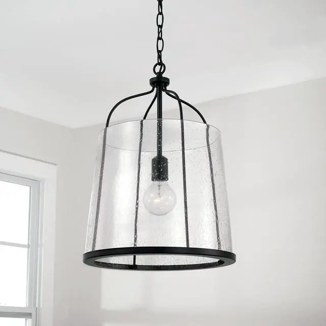Alt view image 5 of 6 - HomePlace Lighting 347011MB Madison Transitional Clear Seeded Glass Pendant Light Fixture, 1-Light 100 Watt, 19" H x 14" W, Black