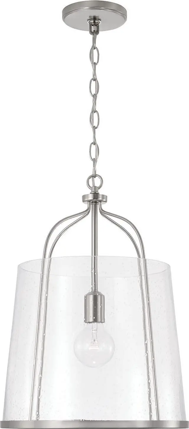 Main image of HomePlace Lighting 347011BN Madison Transitional Clear Seeded Glass Pendant Light Fixture, 1-Light 100 Watt, 19" H x 14" W, Brushed/Satin Nickel