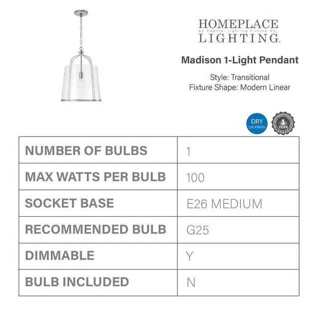 Alt view image 3 of 6 - HomePlace Lighting 347011BN Madison Transitional Clear Seeded Glass Pendant Light Fixture, 1-Light 100 Watt, 19" H x 14" W, Brushed/Satin Nickel