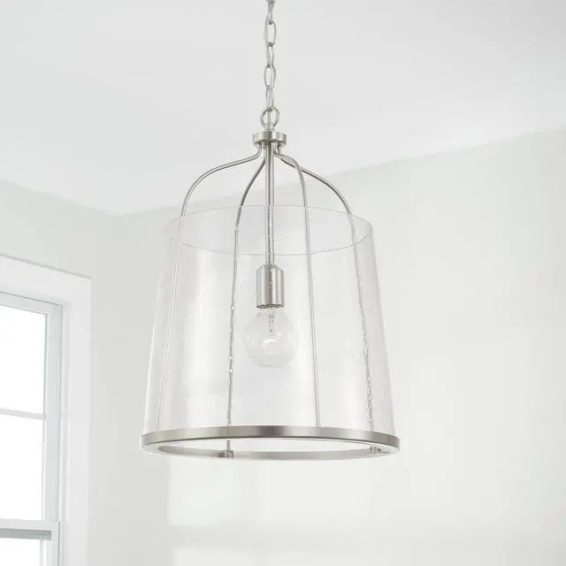 Alt view image 5 of 6 - HomePlace Lighting 347011BN Madison Transitional Clear Seeded Glass Pendant Light Fixture, 1-Light 100 Watt, 19" H x 14" W, Brushed/Satin Nickel