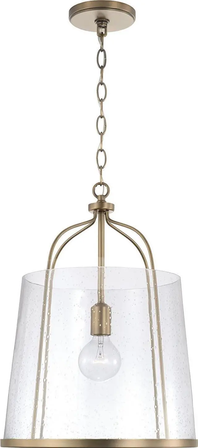 Main image of HomePlace Lighting 347011AD Madison Transitional Clear Seeded Glass Pendant Light Fixture, 1-Light 100 Watt, 19" H x 14" W, Brass