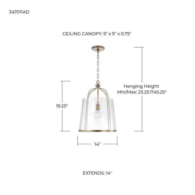 Alt view image 2 of 6 - HomePlace Lighting 347011AD Madison Transitional Clear Seeded Glass Pendant Light Fixture, 1-Light 100 Watt, 19" H x 14" W, Brass