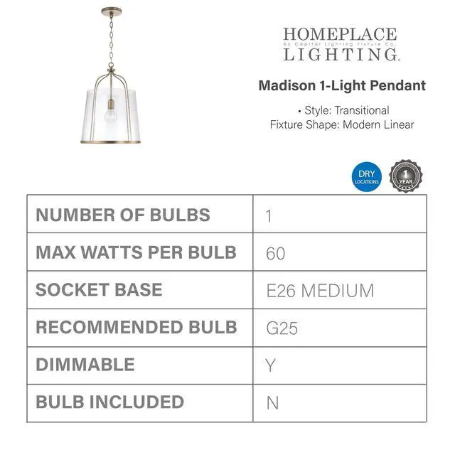 Alt view image 3 of 6 - HomePlace Lighting 347011AD Madison Transitional Clear Seeded Glass Pendant Light Fixture, 1-Light 100 Watt, 19" H x 14" W, Brass