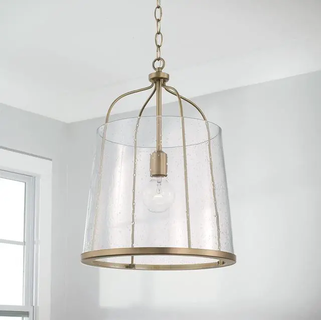 Alt view image 5 of 6 - HomePlace Lighting 347011AD Madison Transitional Clear Seeded Glass Pendant Light Fixture, 1-Light 100 Watt, 19" H x 14" W, Brass