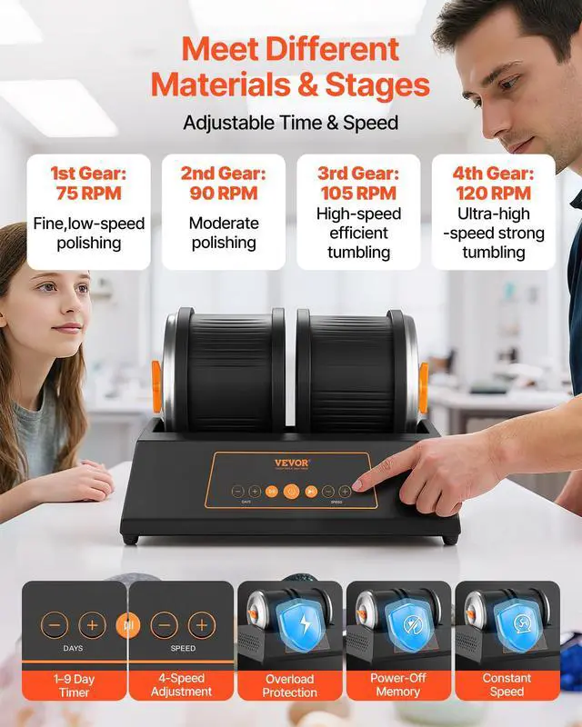 Alt view image 4 of 6 - Rock Tumbler Kit, 8 lbs Rock Polishing Kit, 4 Speed Settings 9-Day Polishing Timer Stone Polishing Kit, Double Barrel Rock Polisher with Adapter, Rock Polisher for Adults and Kids