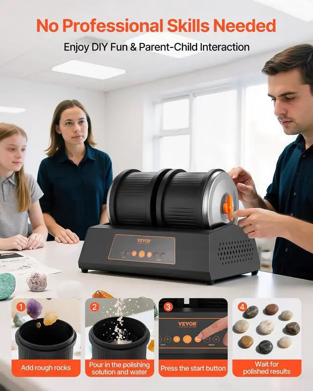 Alt view image 6 of 6 - Rock Tumbler Kit, 8 lbs Rock Polishing Kit, 4 Speed Settings 9-Day Polishing Timer Stone Polishing Kit, Double Barrel Rock Polisher with Adapter, Rock Polisher for Adults and Kids