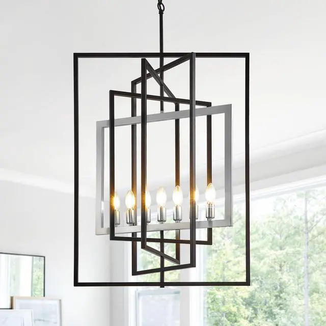 Main image of 7-Light Lantern Pendant Light Fixtures, Rustic Industrial Farmhouse Foyer Lighting Fixtures, Large Foyer Chandeliers for High Ceilings, Farmhouse Modern Chandeliers for Entryway(Black & Silver)