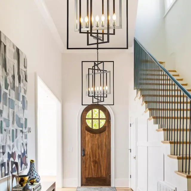 Alt view image 2 of 6 - 7-Light Lantern Pendant Light Fixtures, Rustic Industrial Farmhouse Foyer Lighting Fixtures, Large Foyer Chandeliers for High Ceilings, Farmhouse Modern Chandeliers for Entryway(Black & Silver)