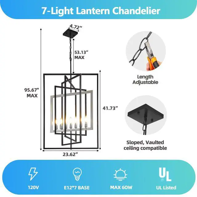 Alt view image 3 of 6 - 7-Light Lantern Pendant Light Fixtures, Rustic Industrial Farmhouse Foyer Lighting Fixtures, Large Foyer Chandeliers for High Ceilings, Farmhouse Modern Chandeliers for Entryway(Black & Silver)