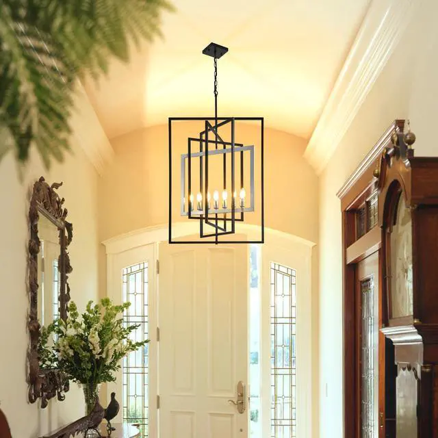 Alt view image 4 of 6 - 7-Light Lantern Pendant Light Fixtures, Rustic Industrial Farmhouse Foyer Lighting Fixtures, Large Foyer Chandeliers for High Ceilings, Farmhouse Modern Chandeliers for Entryway(Black & Silver)