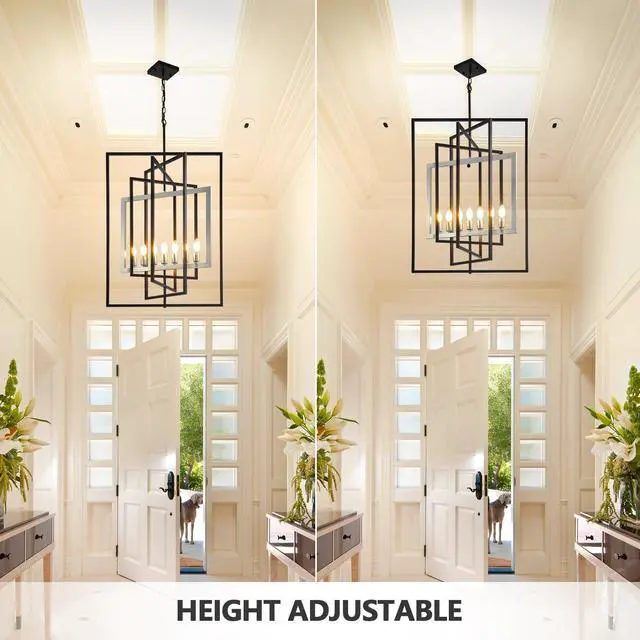 Alt view image 5 of 6 - 7-Light Lantern Pendant Light Fixtures, Rustic Industrial Farmhouse Foyer Lighting Fixtures, Large Foyer Chandeliers for High Ceilings, Farmhouse Modern Chandeliers for Entryway(Black & Silver)