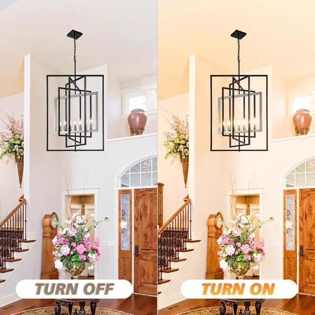 Alt view image 6 of 6 - 7-Light Lantern Pendant Light Fixtures, Rustic Industrial Farmhouse Foyer Lighting Fixtures, Large Foyer Chandeliers for High Ceilings, Farmhouse Modern Chandeliers for Entryway(Black & Silver)
