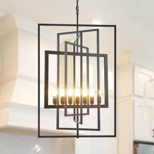 Main image of Black Farmhouse Chandelier, 7-Light Lantern Pendant Light Fixtures, Rustic Industrial Foyer Lighting Fixtures, Large Foyer Chandeliers for High Ceilings, for Kitchen Island, Staircase, Entryway
