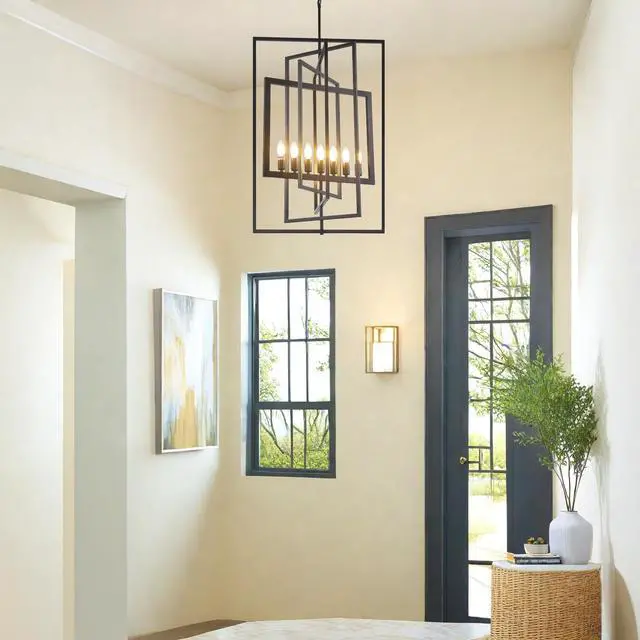 Alt view image 2 of 6 - Black Farmhouse Chandelier, 7-Light Lantern Pendant Light Fixtures, Rustic Industrial Foyer Lighting Fixtures, Large Foyer Chandeliers for High Ceilings, for Kitchen Island, Staircase, Entryway