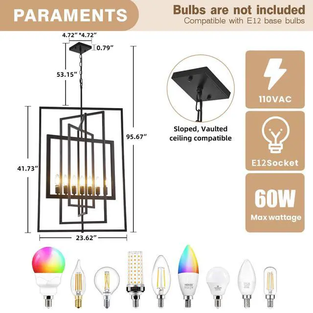 Alt view image 3 of 6 - Black Farmhouse Chandelier, 7-Light Lantern Pendant Light Fixtures, Rustic Industrial Foyer Lighting Fixtures, Large Foyer Chandeliers for High Ceilings, for Kitchen Island, Staircase, Entryway