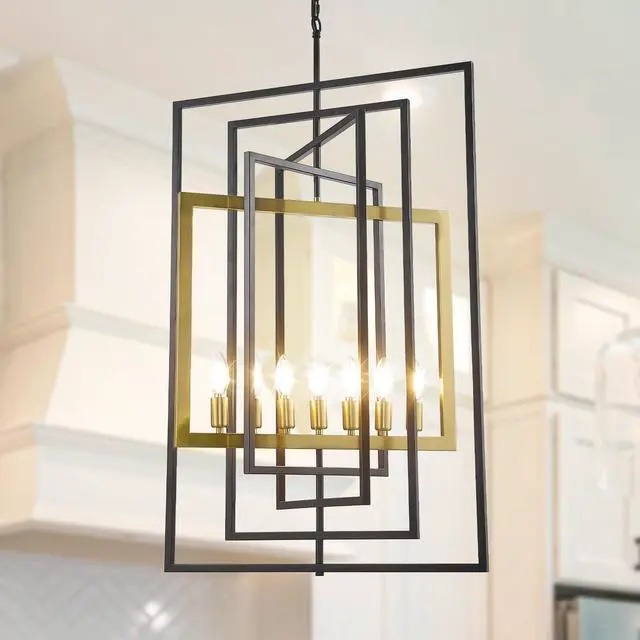 Main image of 7-Light Modern Chandelier, Industrial Large Chandeliers for High Ceilings, Farmhouse Foyer Lighting Fixtures, Black and Gold Geometric Pendant Light, for Living Room, Staircase, Entryway