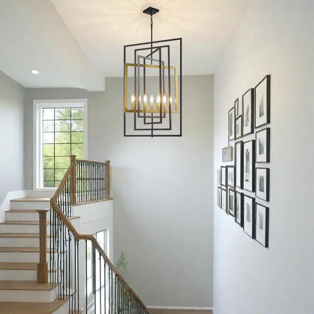 Alt view image 2 of 6 - 7-Light Modern Chandelier, Industrial Large Chandeliers for High Ceilings, Farmhouse Foyer Lighting Fixtures, Black and Gold Geometric Pendant Light, for Living Room, Staircase, Entryway