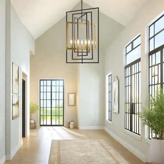Alt view image 3 of 6 - 7-Light Modern Chandelier, Industrial Large Chandeliers for High Ceilings, Farmhouse Foyer Lighting Fixtures, Black and Gold Geometric Pendant Light, for Living Room, Staircase, Entryway