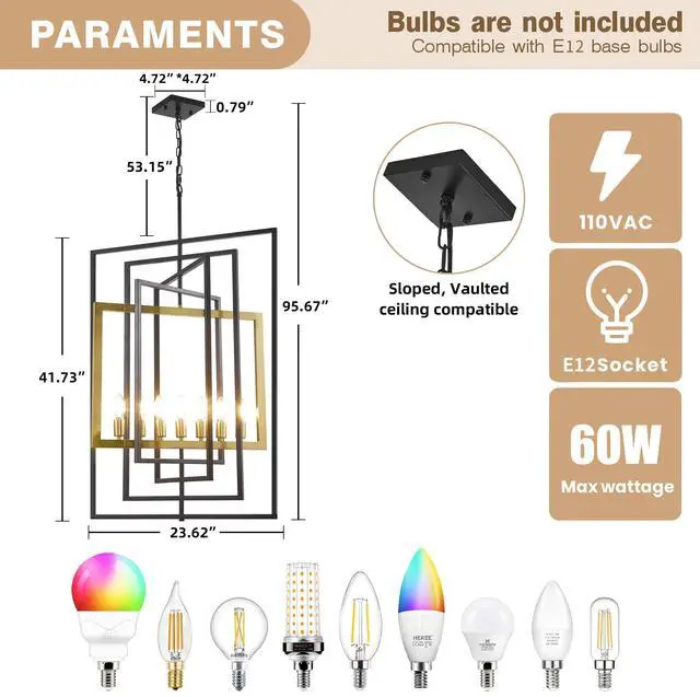 Alt view image 4 of 6 - 7-Light Modern Chandelier, Industrial Large Chandeliers for High Ceilings, Farmhouse Foyer Lighting Fixtures, Black and Gold Geometric Pendant Light, for Living Room, Staircase, Entryway