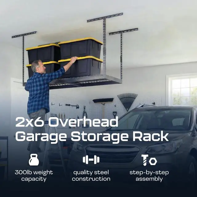 Alt view image 2 of 6 - MonsterRax Overhead Garage Storage Rack 2 x 6 Ceiling Rack for Garage Shelving, Organization, & Storage, Adjustable Hanging Storage for Bikes, Equipment & Bins (Hammertone, 12"- 21" Ceiling Drop)