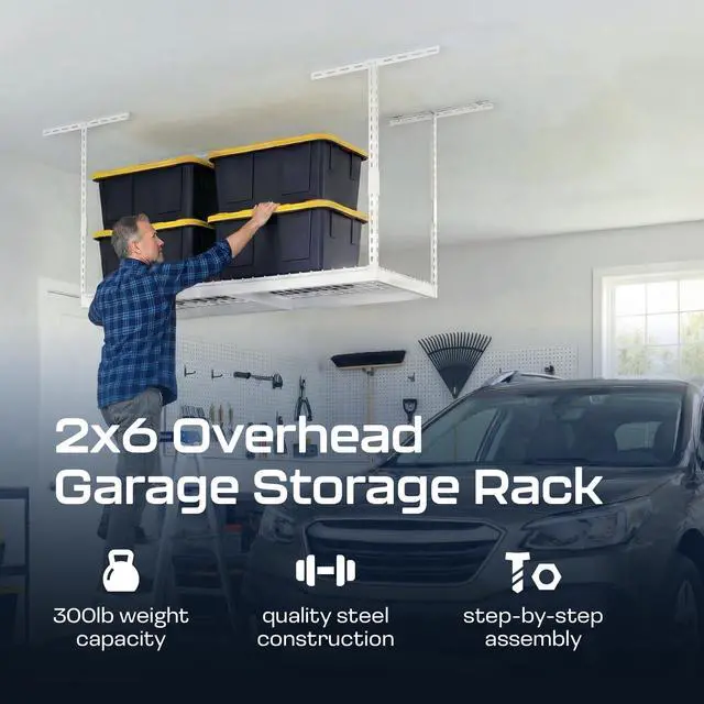 Alt view image 2 of 6 - MonsterRax Overhead Garage Storage Rack 2 x 6 Ceiling Rack for Garage Shelving, Organization, & Storage, Adjustable Hanging Storage for Bikes, Equipment & Bins (White, 24"- 45" Ceiling Drop)