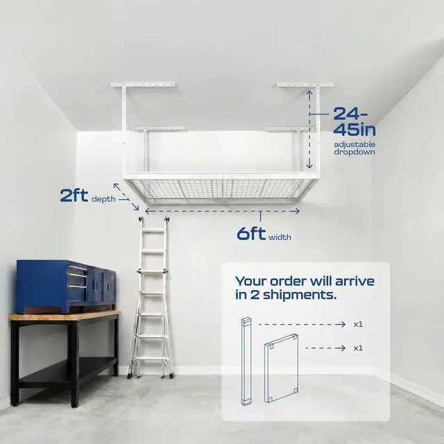 Alt view image 3 of 6 - MonsterRax Overhead Garage Storage Rack 2 x 6 Ceiling Rack for Garage Shelving, Organization, & Storage, Adjustable Hanging Storage for Bikes, Equipment & Bins (White, 24"- 45" Ceiling Drop)