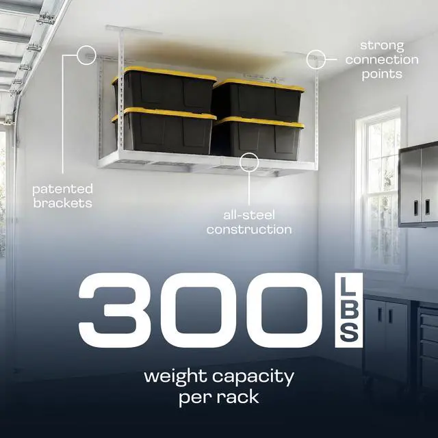 Alt view image 4 of 6 - MonsterRax Overhead Garage Storage Rack 2 x 6 Ceiling Rack for Garage Shelving, Organization, & Storage, Adjustable Hanging Storage for Bikes, Equipment & Bins (White, 24"- 45" Ceiling Drop)