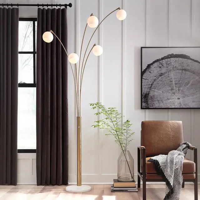 Alt view image 2 of 6 - Taliya Contemporary 95" Metal and White Marble Arc Floor Lamp with 5 Light Shades and Dimmer Switch, White & Champagne