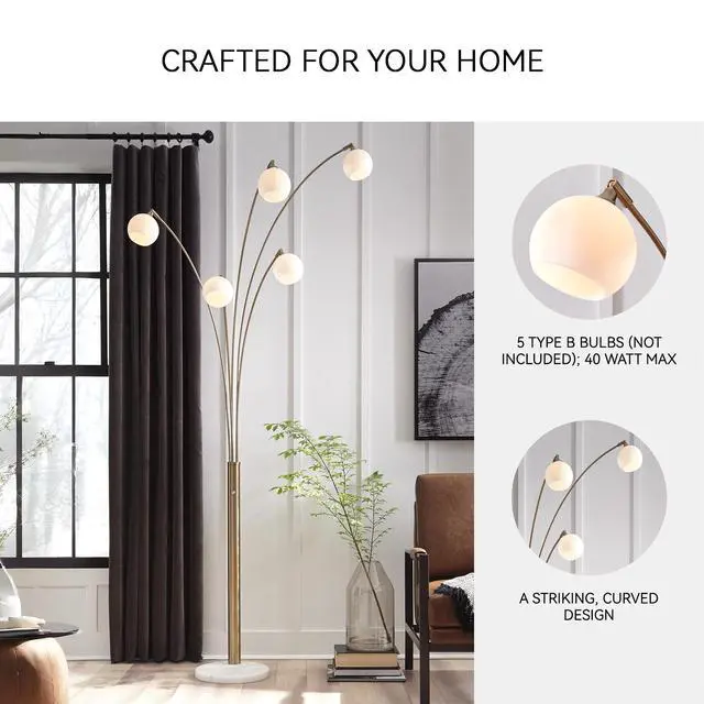 Alt view image 3 of 6 - Taliya Contemporary 95" Metal and White Marble Arc Floor Lamp with 5 Light Shades and Dimmer Switch, White & Champagne