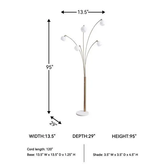 Alt view image 5 of 6 - Taliya Contemporary 95" Metal and White Marble Arc Floor Lamp with 5 Light Shades and Dimmer Switch, White & Champagne