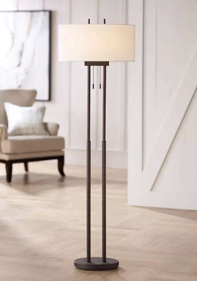 Main image of Roscoe Modern Standing Floor Lamp 62" Tall Oil Rubbed Bronze Brown Twin Poles White Fabric Hardback Oval Shade Decor for Living Room Reading House Bedroom Office