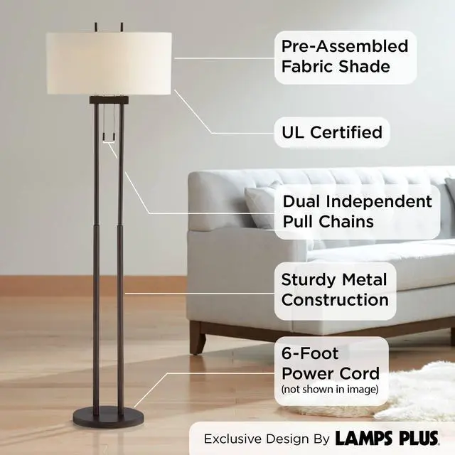 Alt view image 3 of 6 - Roscoe Modern Standing Floor Lamp 62" Tall Oil Rubbed Bronze Brown Twin Poles White Fabric Hardback Oval Shade Decor for Living Room Reading House Bedroom Office